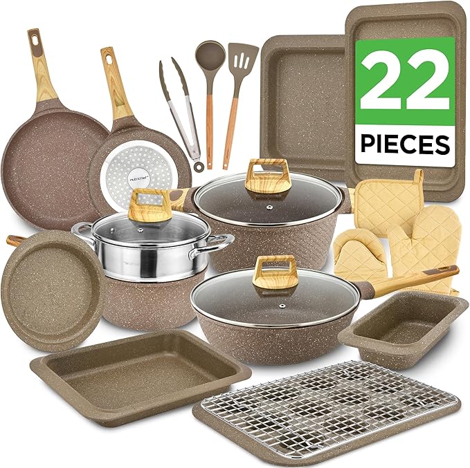 Nutrichef 22-Piece Marble Non-Stick Cookware and Bakeware Set - Professional Home Kitchen Collection with Multi-Sized Pots Pans and Heat-Resistant Tools