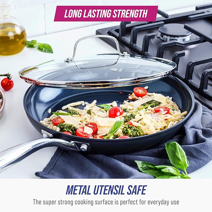 Blue Diamond Cookware Hard Anodized Ceramic Nonstick 11 Frying Pan Skillet with Lid PFAS-Free Dishwasher Safe Oven Safe Grey