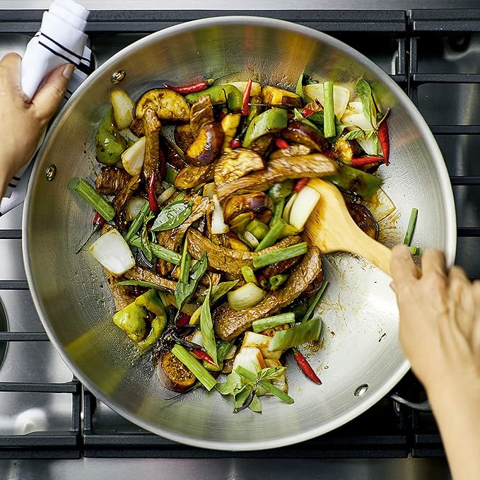 KitchenAid 5-Ply Clad Polished Stainless Steel Wok Induction Compatible Dishwasher Safe 15 Inch Open Stir-Fry Pan