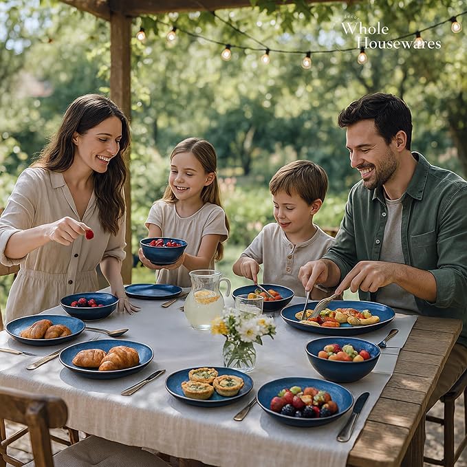 Whole Housewares Ceramic Plates and Bowls Set - Dinnerware Set - Microwave and Dishwasher Safe - 16 Piece Dinner Set - Perfect for Parties Birthdays or Weddings - Blue
