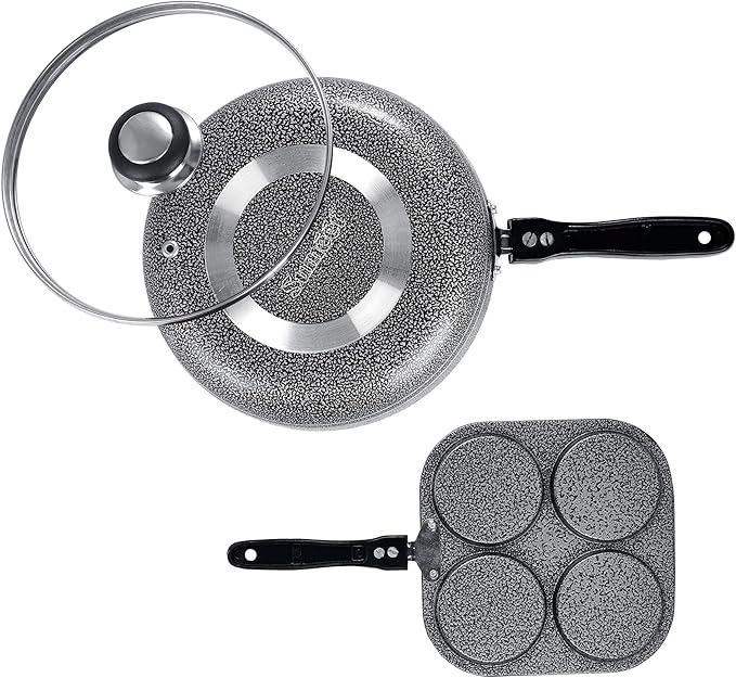 Sumeet NonStick Silfur Cookware Set (Frypan with Glass Lid - 1.5Ltr - 22Cm Dia + Mini Multi Snack Maker - 4 Cavity -19.5cm)