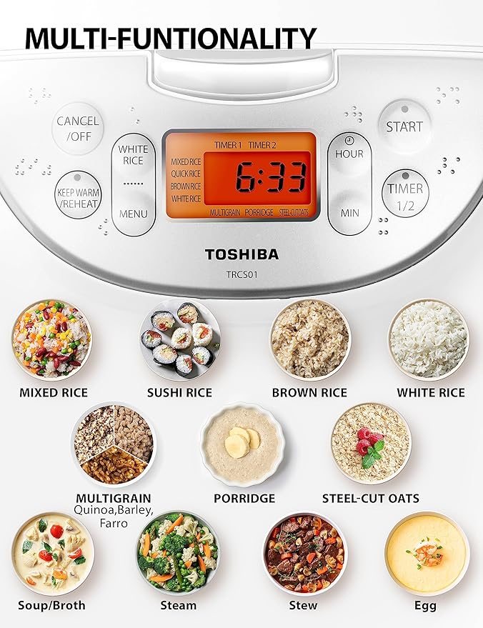 Toshiba Rice Cooker 6 Cup Uncooked – Japanese Rice Cooker with Fuzzy Logic Technology 7 Cooking Functions Digital Display 2 Delay Timers and Auto Keep Warm Non-Stick Inner Pot White