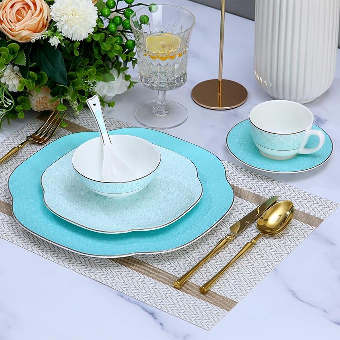 Ceramic Dinnerware Sets for 4 24 Pieces Bone China Plates and Bowls Set with Silver GridScratch Resistant Stoneware Dishes Set with MugsDishwasher &amp Oven Light Blue