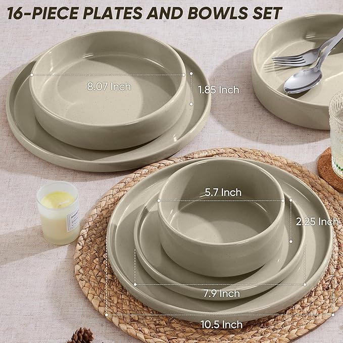 E-far 16-Piece Plates and Bowls Sets - Stoneware Dinnerware Sets with Pasta Bowls for 4 | Microwave &amp Dishwasher Safe Kitchen Modern Dish Set Speckled Khaki