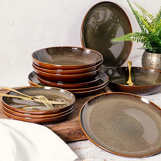 Gibson Elite Edwina 16-Piece Double Bowl Dinnerware Set Service for 4 – Dark Green Stoneware Plates and Bowls