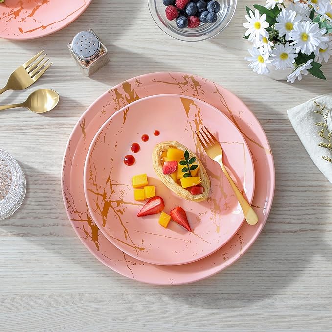LOVECASA Pink Dinnerware Sets for 4 12 Piece Porcelain Plates and Bowls Sets Gold Splash Dish Set Modern Ceramic Dinner Set Dishwasher Microwave Safe