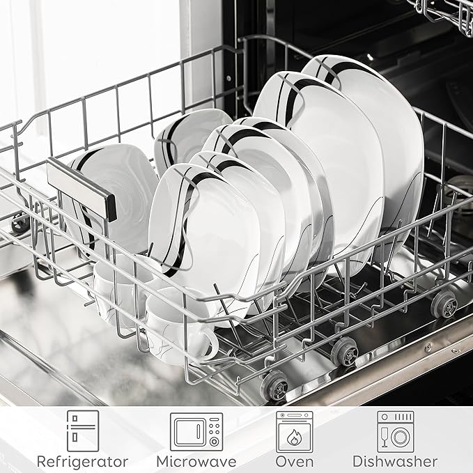 VEWEET Series Fiona 30-Piece Dinnerware Sets for 6 White Dishes Set with Black and Gray Stripes Porcelain Dinner Set Including Dessert Plates Soup Plates Dinner Plates Cups &amp Saucers