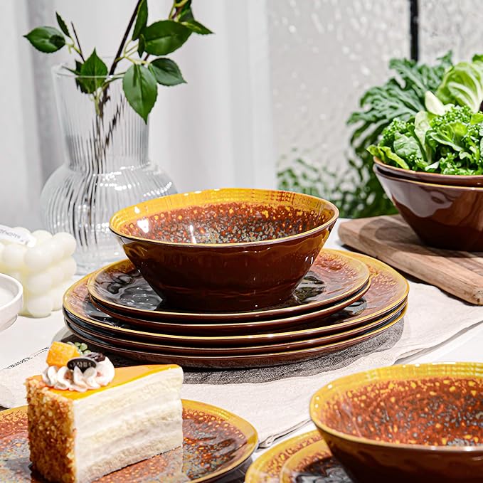 FINE&ampNICE Melamine Dinnerware Set of 12Pcs Dish Set for 4 Lightweight Unbreakable Plate and Bowl Set for Patio RV and Camping Dishwasher SafeRusty Brown