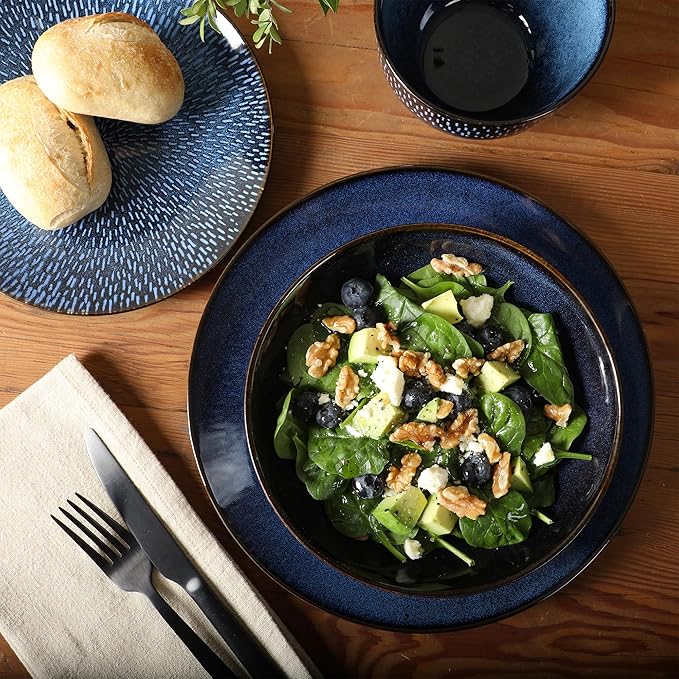 Gibson Elite Matisse 16-Piece Dinnerware Set – Double Bowl Reactive Glaze Cereamic Stoneware in Blue – Plates and Bowls Sets for 4 Microwave &amp Dishwasher Safe Rustic Modern Design