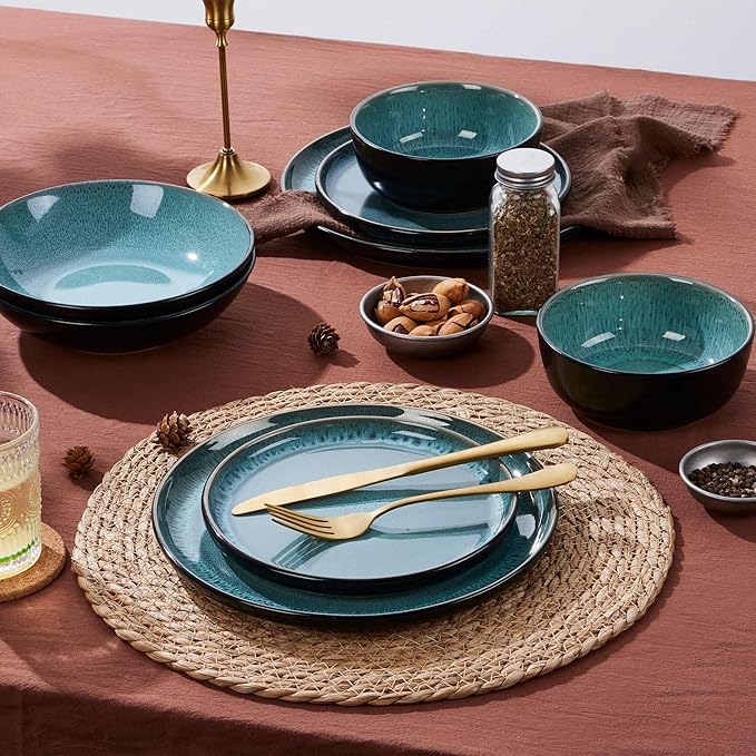 LIANYU Ceramic Dinnerware Sets for 4 12 Piece Porcelain Stoneware Plates and Bowls Scratch Resistant Round Kitchen Dishes Set Dishwasher and Microwave Safe Dinning Ware Set Pastel Turquoise