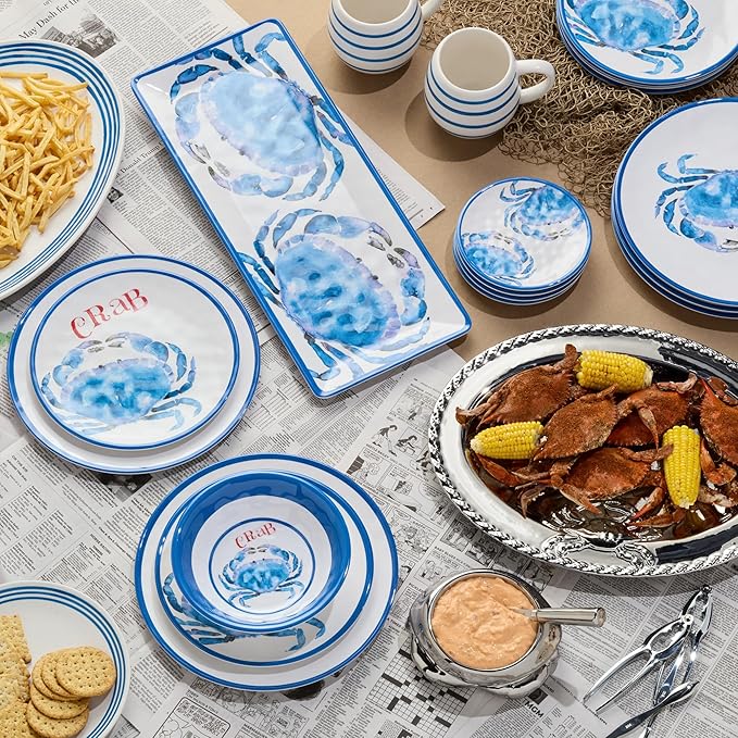Beach House Crab 12-Piece Melamine Dinnerware Set – Vibrant Coastal Charm Service for 4 Blue &amp White Nautical Design Durable Shatterproof Lightweight and Dishwasher-Safe