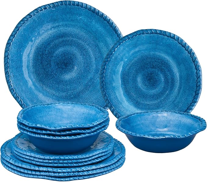 UPware 12 Piece Rope Melamine Dinnerware Sets Outdoor Dishes Set Plates and Bowls Sets Service for 4 Blue