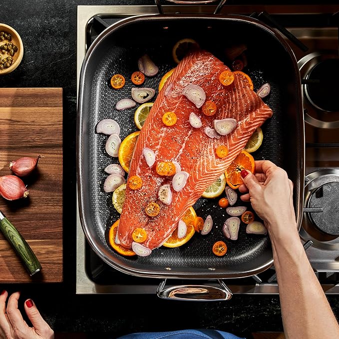 HexClad Hybrid Nonstick Roasting Pan with Rack Dishwasher-Friendly Oven-Safe Up to 900°F Compatible with All Cooktops