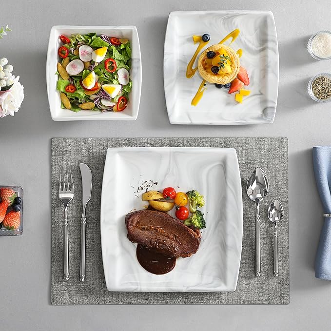 MALACASA Plates and Bowls Sets 12-Piece Porcelain Dinnerware Sets for 4 Square Plates and Bowls for Dessert Salad and Soup Ceramic Dishes Dining Dishware Set Marble Grey Series Blance