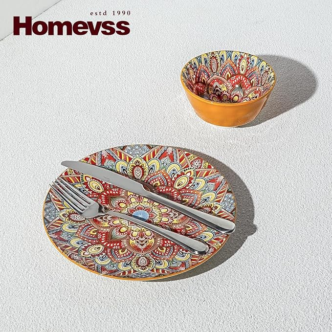 Homevss 20 Pieces Dinnerware Sets Plates and Bowls Set Porcelain Dishes Set for 4 Microwave and Dishwasher Safe Scratch Resistant Bohemian Style Dining Ware