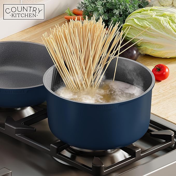 Country Kitchen Cookware Set with Removable Handle Oven &amp RV Safe Pots and Pans Set Denim Original