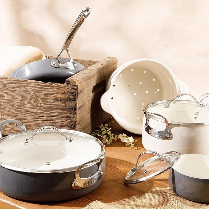 Bloomhouse 12 Piece Aluminum Pots and Pans Cookware Set w/Non-toxic Ceramic Non-stick Ceramic Steamer Insert &amp 12 Protective Care Bags - Stone Grey