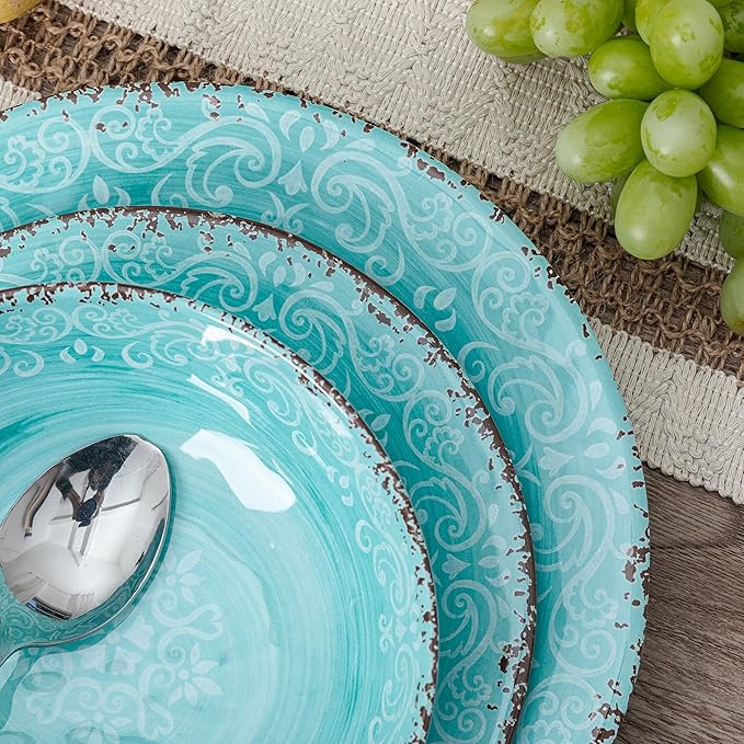 12-Piece Farmhouse Dinnerware Set set of 4 100% Melamine Dishes Serving Set with Plates and Bowls Non-breakable and Lightweight Dinner Set for indoor and outdoor entertaining Light Teal