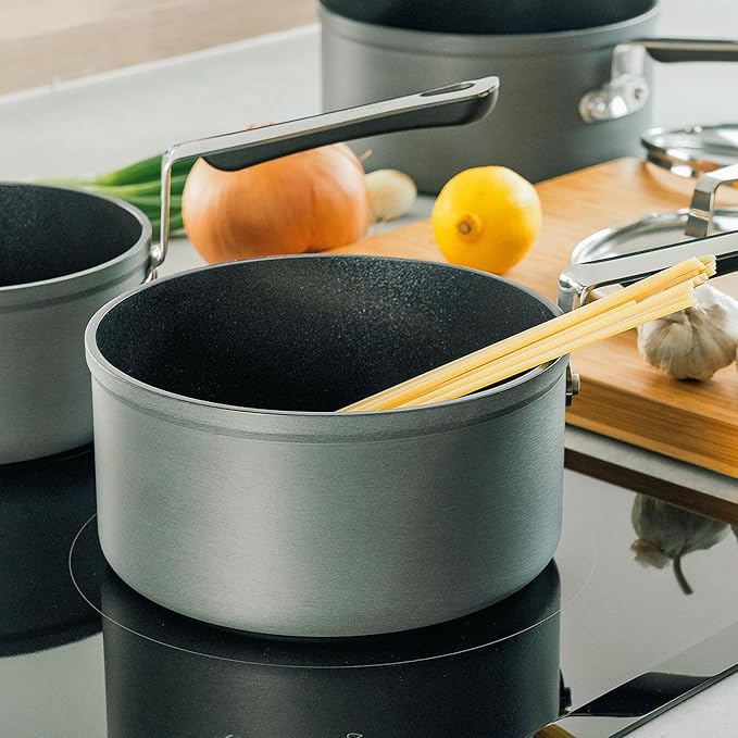 3-Piece Cookware Set Consisting of 14 cm Milk Pan 16 cm Saucepan with Lid and 18 cm Saucepan with Lid Stackable Anodised Aluminium