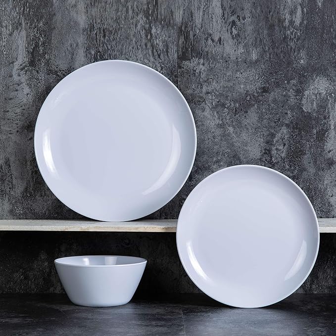 Melamine Dinnerware Set - 12pcs Plates and Bowls for 4Durable Melamine Dishes Set for Everyday Use Lightweight &amp Dishwasher SafeWhite