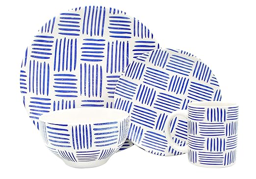Melange Coupe 16-Piece Porcelain Dinnerware Set (Indigo Tally Marks Collection) | Service for 4 | Microwave Dishwasher &amp Oven Safe | Dinner Plate Salad Plate Soup Bowl &amp Mug (4 Each)