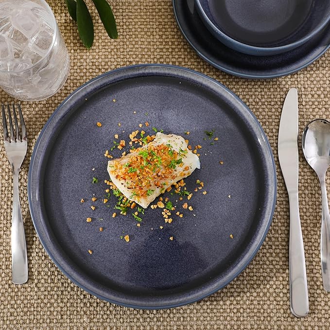 Gibson Elite Reactive Stoneware Dinnerware Set - Tahoe Sunset Matte Exterior &amp Shiny Interior Blue | 12-Piece – Plates and Bowls Durable Everyday Dish Set Microwave &amp Dishwasher Safe