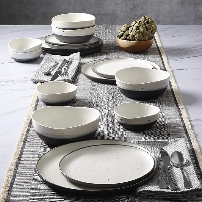 Gibson Elite Rhinebeck 16-Piece Double Bowl Dinnerware Set Service for 4 – White and Black Stoneware Plates and Bowls