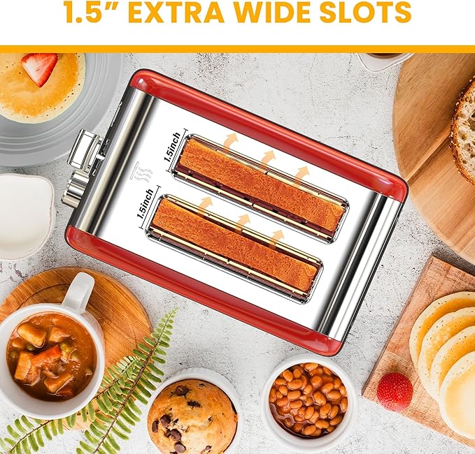Simple Deluxe 2-Slice Toaster 6 Browning Setting and 3 Function Stainless Steel Toaster Extra Wide Slot &amp Removable Crumb Tray for Bread &amp Waffle Red