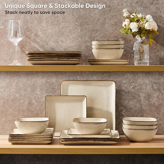 E-far Square plates and bowls Sets for 6 18-Piece Reactive Glaze Stoneware Dinnerware Sets Porcelain Dishware Sets for Kitchen Home Microwave &amp Dishwasher Safe Sandy Beige
