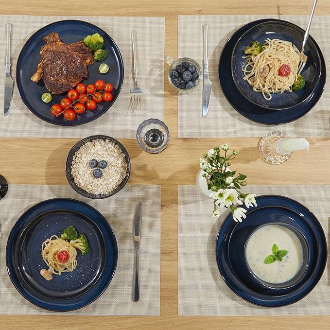 24 Piece Ceramic Dinnerware Sets for 8 Starry Blue Reactive Glaze | Unique Coastal Edge for Holiday Gatherings Thanksgiving Dinner Parties | Microwave &amp Dishwasher Safe Stoneware Dish Set