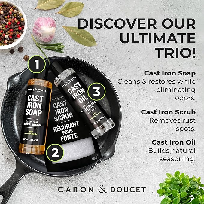 CARON &amp DOUCET – Ultimate Cast Iron Set PLUS: Seasoning Oil Cleaning Soap &amp Restoring Scrub | 100% Plant-Based &amp Best for Cleaning Care Washing Restoring &amp Seasoning Skillets Pans