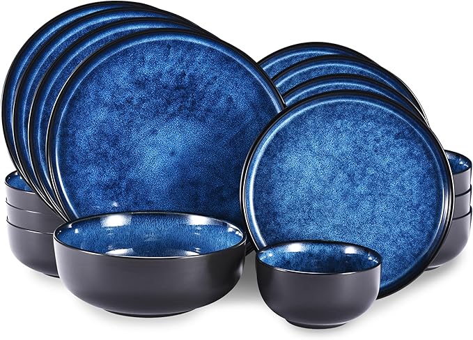 Whole Housewares Ceramic Plates and Bowls Set - Dinnerware Set - Microwave and Dishwasher Safe - 16 Piece Dinner Set - Perfect for Parties Birthdays or Weddings - Blue
