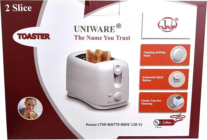 Uniware 8711WH Two Slice Wide Slots Toaster750 WattsCool Touch ExteriorWhite