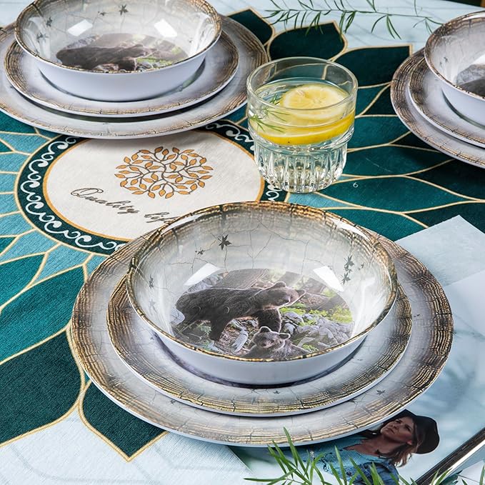 Melamine Dinnerware set for 4 - Dinner Plates Bowls Set 12 PCS Durable BPA Free Dishwasher Safe Shatter-Proof Chip Resistant for Indoor OutdoorBear