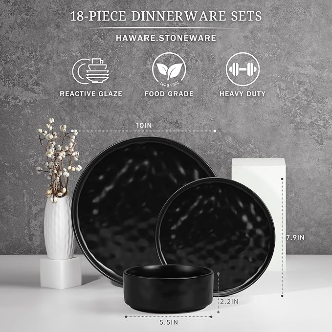 HaWare Dinnerware Sets 18-Piece Plates and Bowls Set Stoneware Dish Set for 6 Ceramic Dinnerware for Home Restaurant Chip and Scratch Resistant Microwave and Dishwasher Safe Matte Black