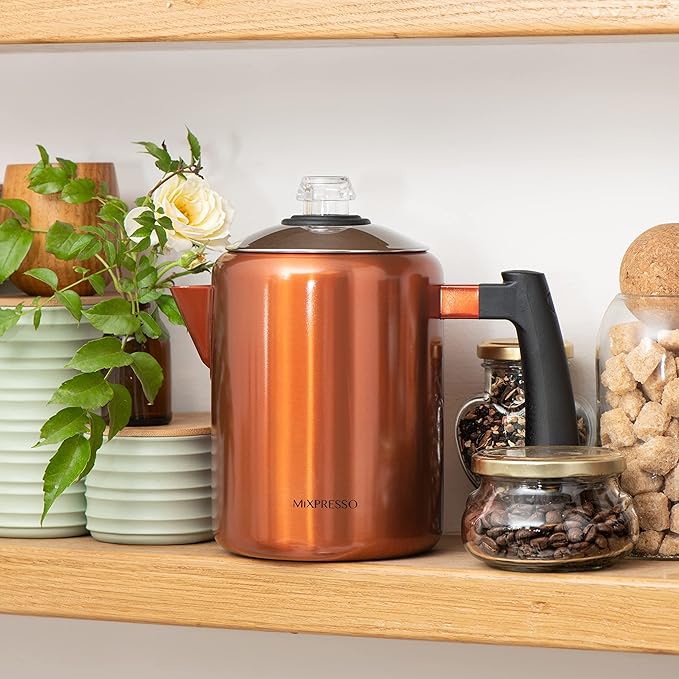 Mixpresso Copper Stainless Steel Coffee Percolator Stovetop 37oz Classic Percolator Coffee Pot Great For Camping Pot 5-8 Cup Stove Top Espresso Maker Cool-Touch Handle