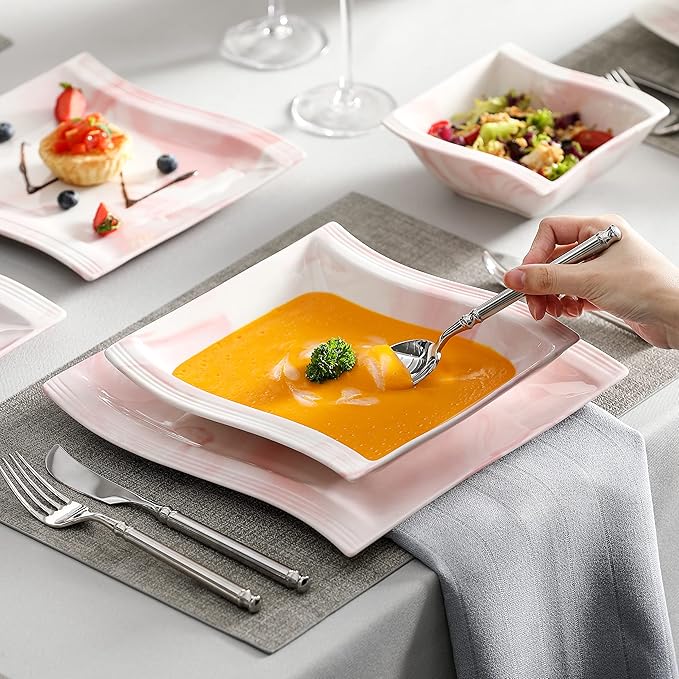 MALACASA Plates and Bowls Sets 26 Pieces Pink Dinnerware Sets for 6 Porcelain Dinnerware Set with Dinner Plates and Bowls Serving Platters Square Dishware Sets Modern Dish Set Series Flora