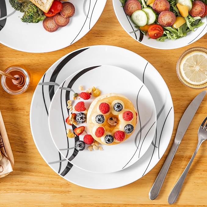 VEWEET Porcelain Dinnerware Sets for 6 18 Pieces Plates and Bowls Set with Black and Grey Ribbon Lines Dishes Set Dining Ware for Dinner Microwave and Dishwasher Safe Series FIONA