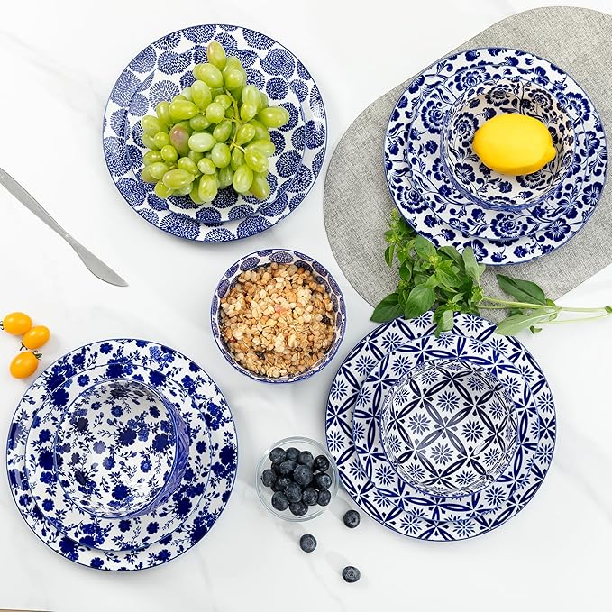 LEHAHA 12 Pieces Modern Porcelain Dinnerware SetService for 4 Ceramic Plates and Bowls Sets Kitchen Dinner Salad Dessert Plate and Cereal Bowl Set Ceramics Dishes Set Blue and White