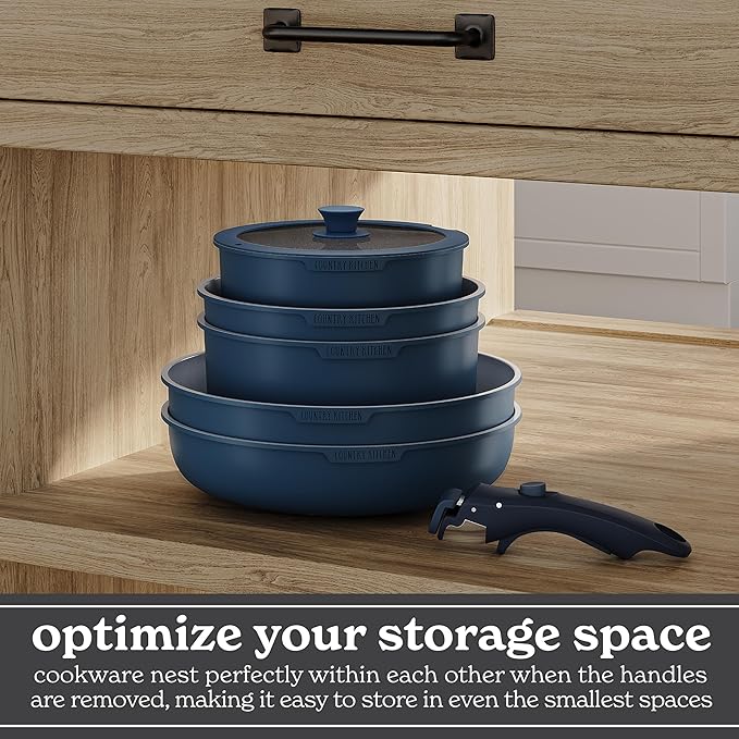 Country Kitchen Cookware Set with Removable Handle Oven &amp RV Safe Pots and Pans Set Denim Original