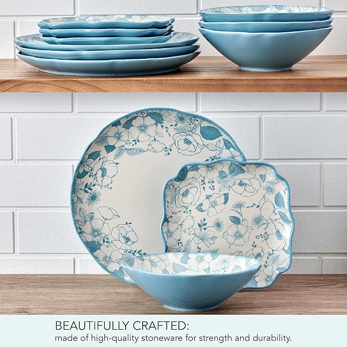 Pfaltzgraff Garden Blossom Floral 12 Piece Plate Bowl Dinnerware Set Blue