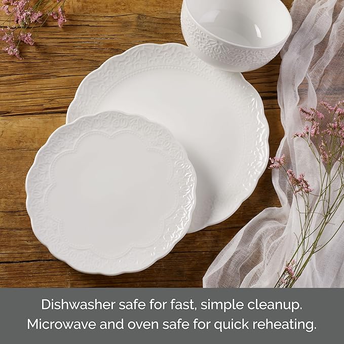 Mikasa Abigail Bone China Lightweight Chip Resistant 12 Piece Dinnerware Set Service for 4 White