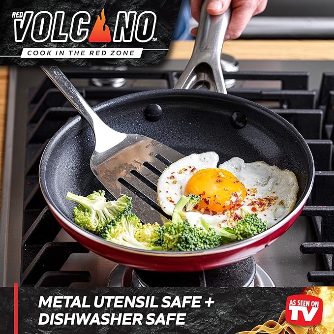 Textured Ceramic Nonstick 7 &amp 10 Frying Pan Skillet Set with Stainless Steel Handles PFAS PFOA &amp PTFE Free Dishwasher Safe Oven &amp Broiler Safe to 600 Degrees Red