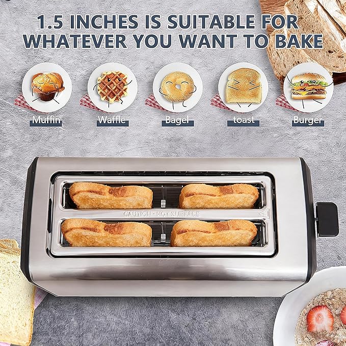 4 Slice Long Slot Stainless Steel Toaster with Extra Wide 1.5” Slots 6 Shade Browning Settings Defrost Reheat Cancel Functions Even Toasting for Artisan &amp Sourdough Bread Removable Crumb Tray