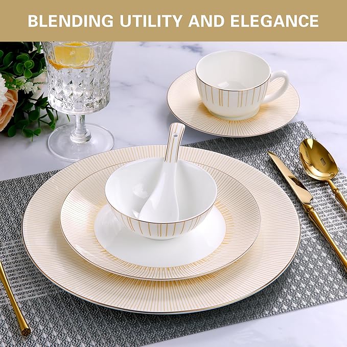 24 Piece White Porcelain Dinnerware Set for 4 Sunburst Design Plates and Bowls Sets with Gold RimHighly Chip and Crack Resistant | Dishwasher Safe Dishes Set