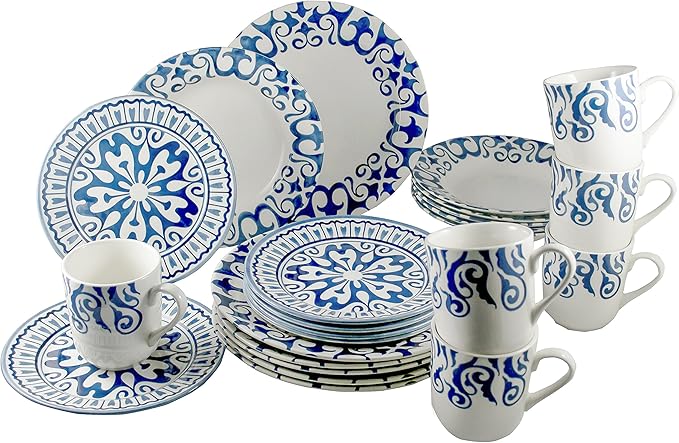 Tudor Royal Collection 24-Piece Premium Quality Round Porcelain Dinnerware Set Service for 6 - HENNA BLUE See 10 Designs Inside