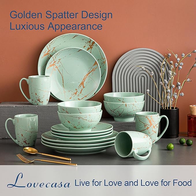 Ceramic Tableware Green 16/32/48 Piece Procelain Dinnerware Set Design by Gold Splash with Dinner PlateCake PlateBowlsCoffee Cups16-Piece