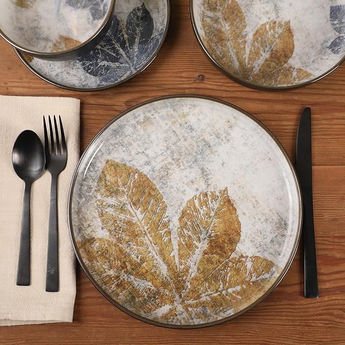 Gibson Elite Chantilly Hill 16-Piece Porcelain Dinnerware Set Round Plates &amp Bowls Multicolor Leaf Design Microwave &amp Dishwasher Safe Service for 4