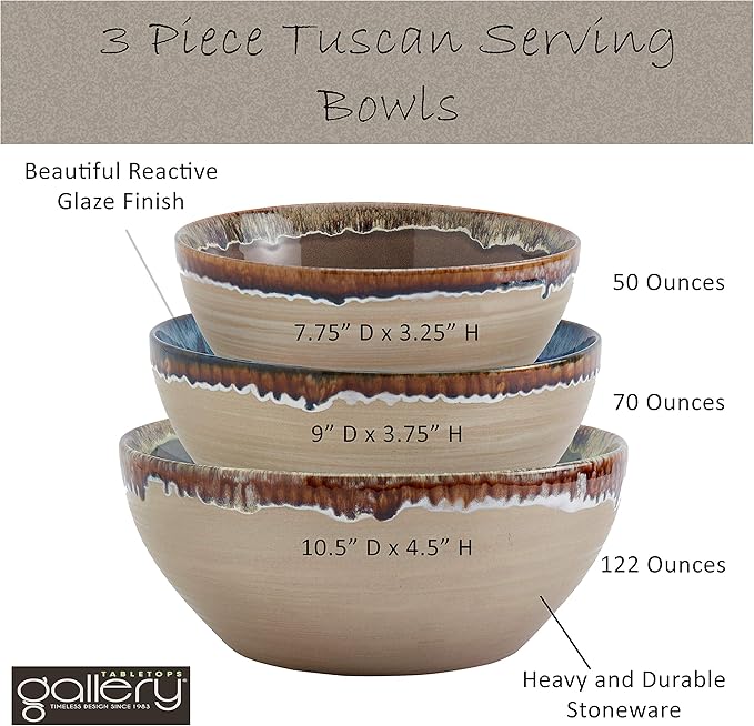 Tabletops Gallery Tuscan Reactive Glaze Stoneware- Platter Serving Bowl Mixing Bowl Mug Tuscan 3 Piece Serving Bowl Set (Blue Green and Brown)