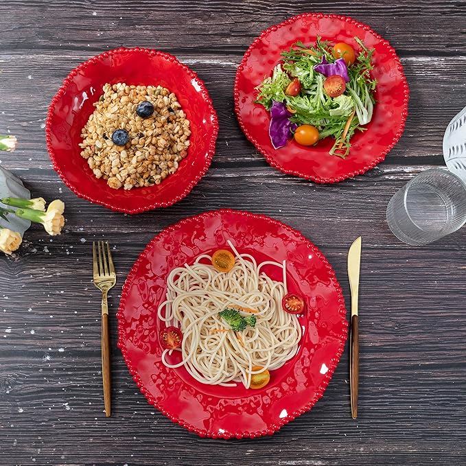 12 pcs Christmas Holiday Melamine Dinnerware Set Ruffled Rim With Beaded Plates and Bowls Set of 4 Lightweight yet Durable Dishes tableware Set Ideal for parties camping and RV trips